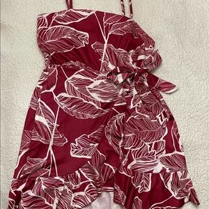 Tie-Waist Raspberry Leaf Print Mini Dress
